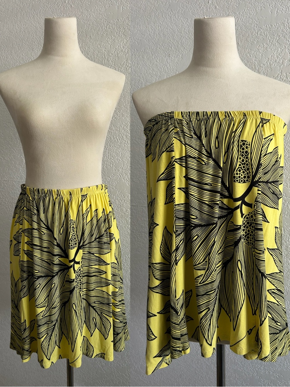 Simply Sisters Black and Yellow Ulu Fruit and Leaft Print Midi Skirt